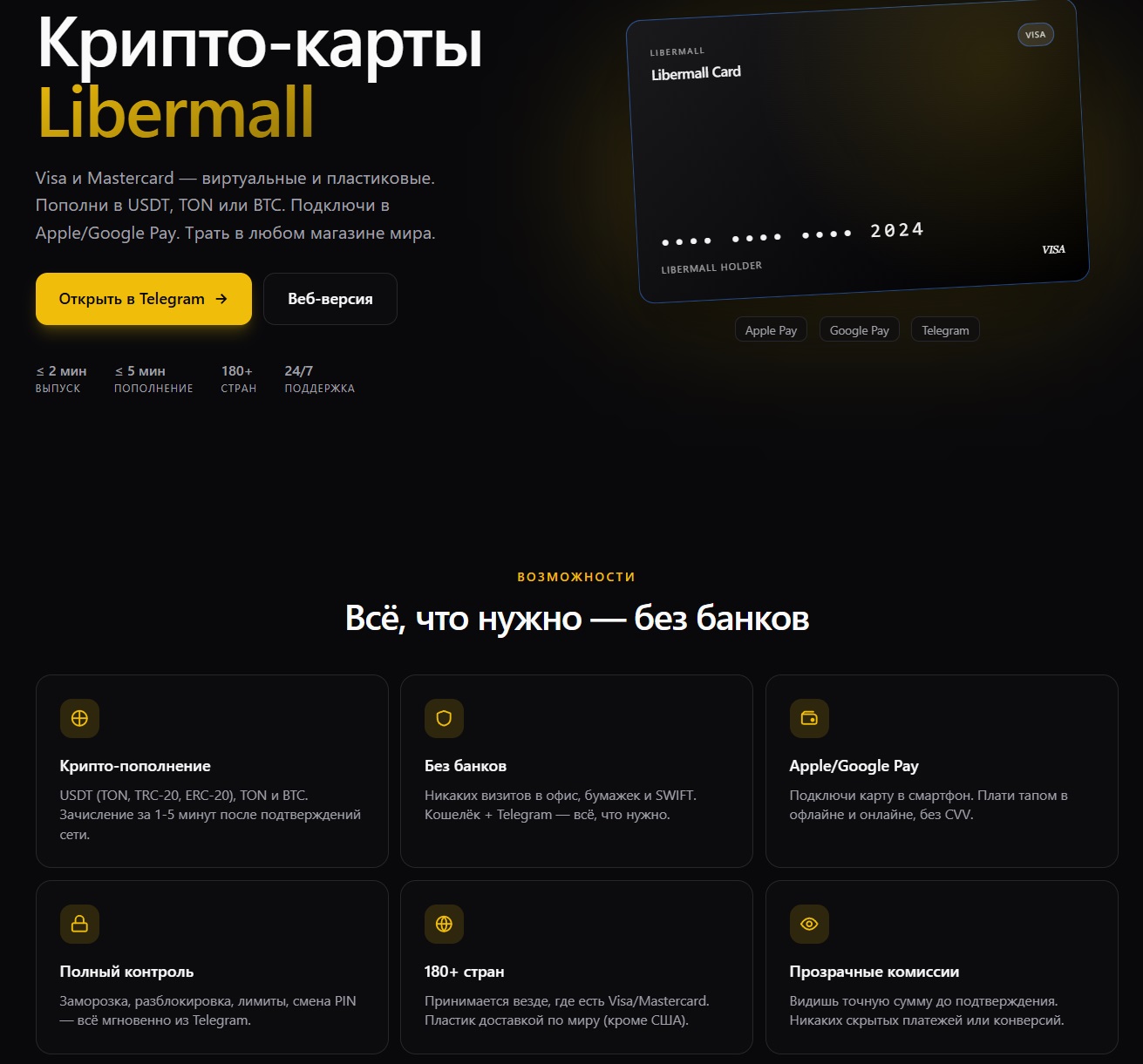 Libermall Card - крипто-карт Visa/Mastercard от Libermall LLC с пополнением в USDT, TON или BTC.